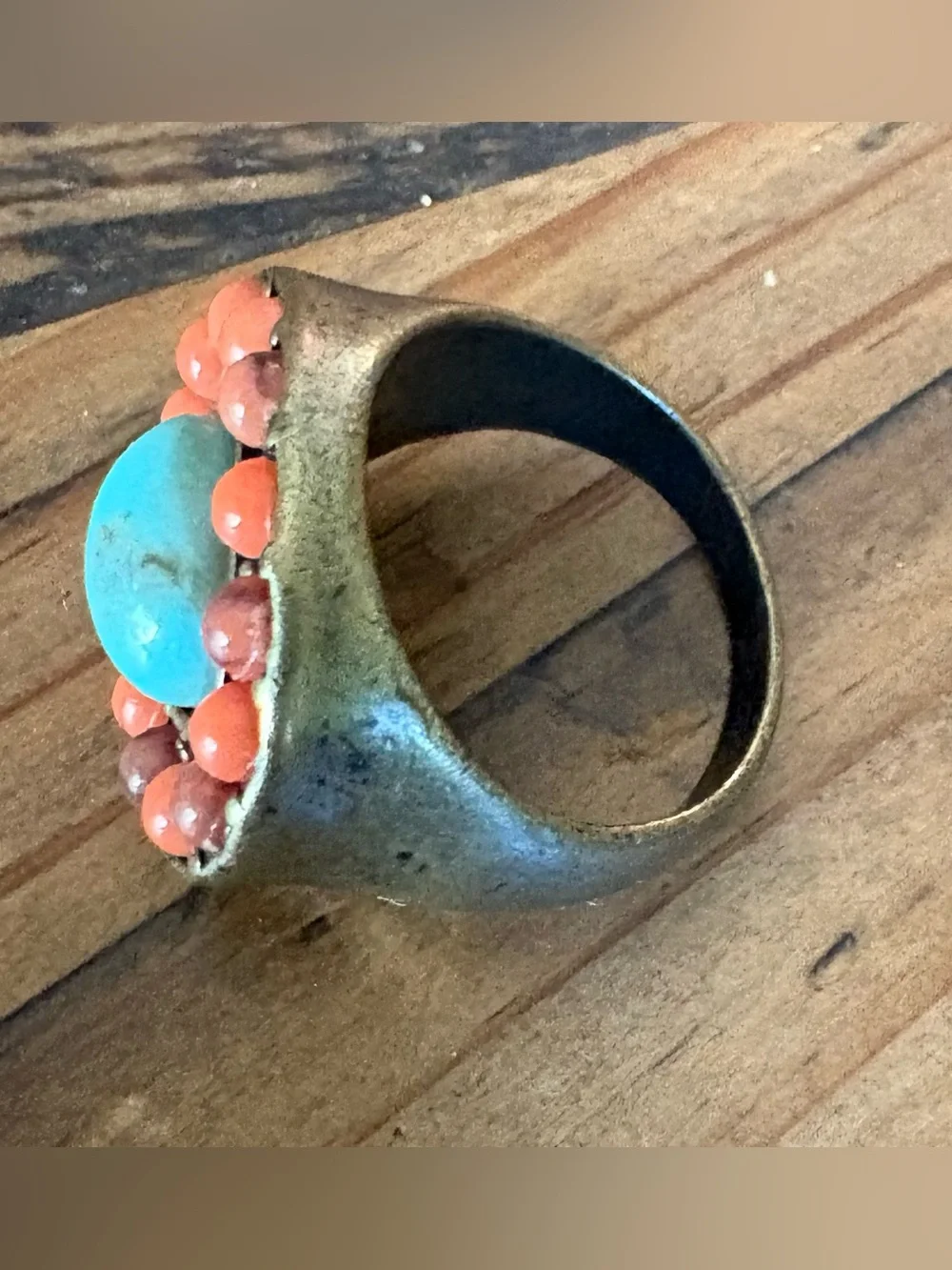 Vintage brass Turquoise & Coral Stone Statement Ring - Women Jewelry READ